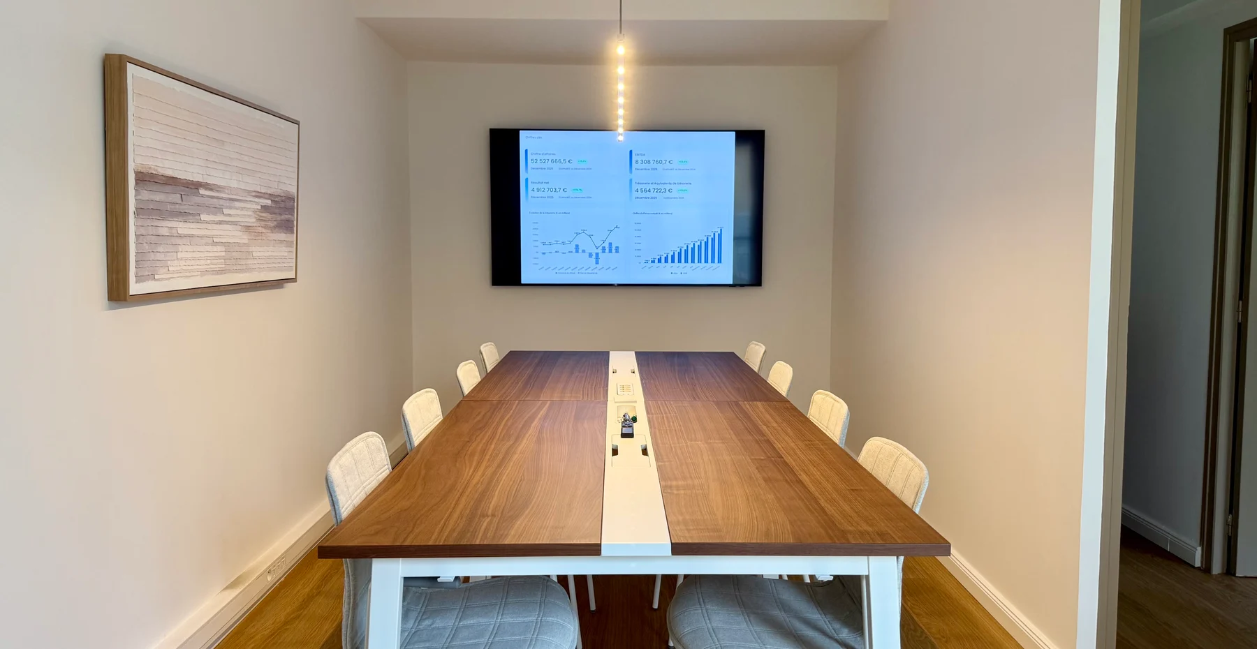La salle de réunion du cabinet, avec sa grande table et son écran de présentation